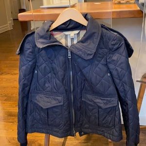 Burberry navy quilted jacket with black fur trim hood size Medium